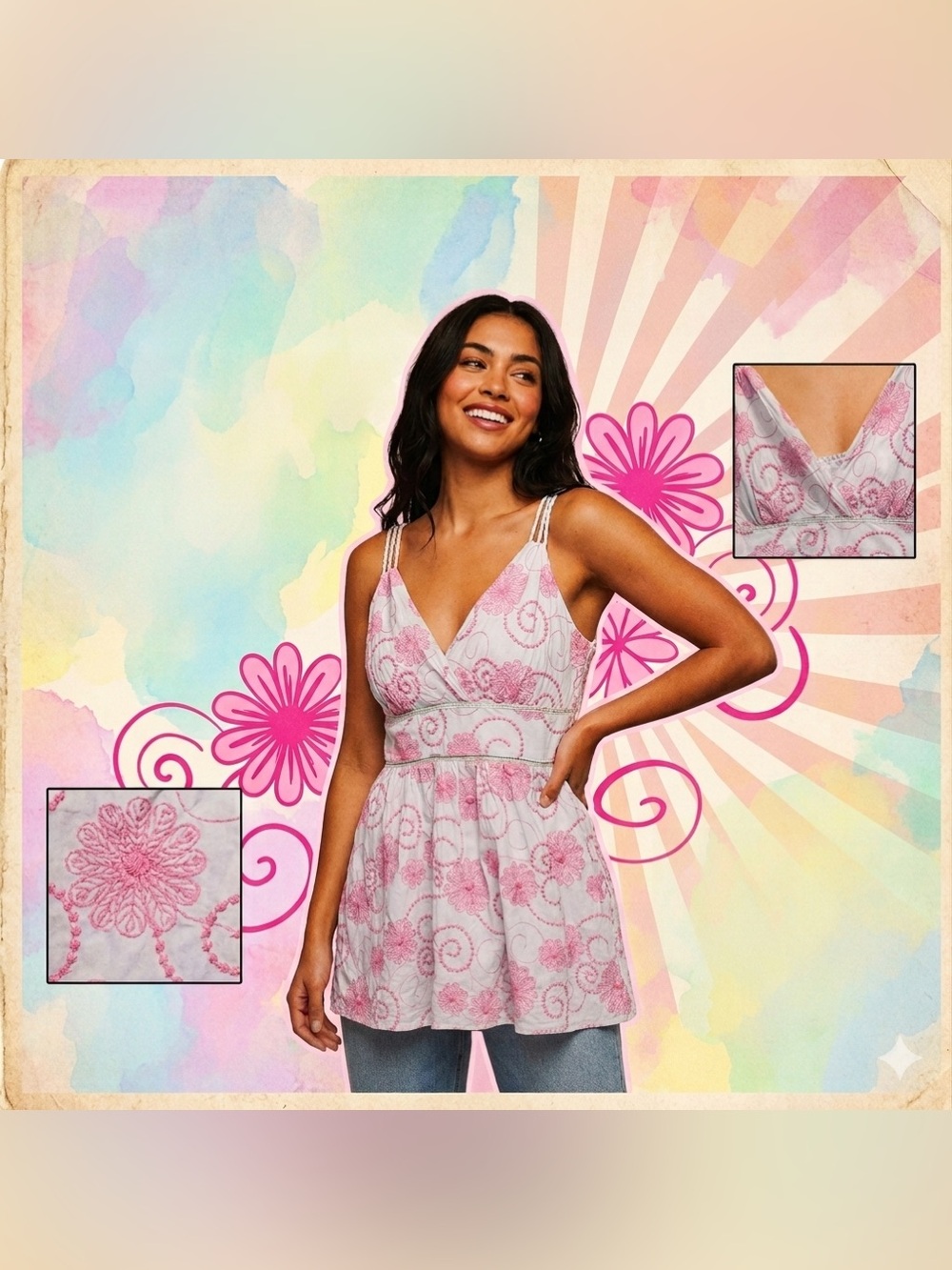 Romy Pink Gray Floral Wrap Tank Top V-Neck Peplum Embroidered Spaghetti Strap XL